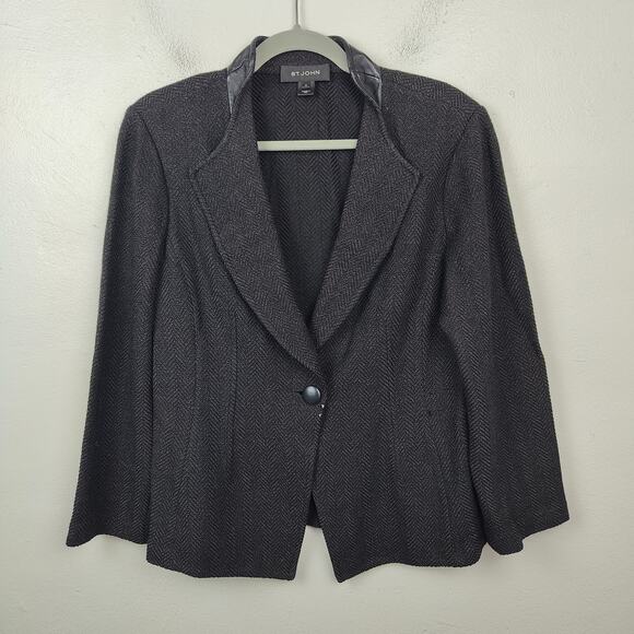 St John Knit Blazer Size 12 Black Herringbone Leather Trim Preppy Dog Show FLAWS - Picture 1 of 13